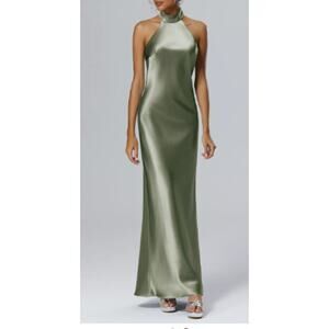 AW BRIDAL SZ 2 XS fennel seed green satin Mugwort halter gala maxi dress NEW 0B8